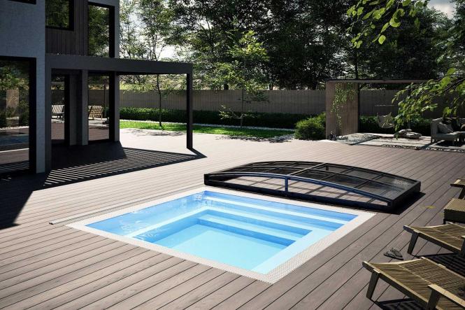 Mini Pool Infinity® Bay 3,0 x 3,0m - quadratischer Überlauf Loungepool mit optionaler Poolüberdachung / elektrischem Rollo