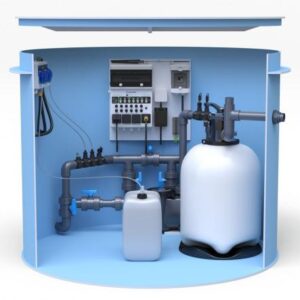 Pool-Technikschacht iControlPro Chlor | intelligente Poolsteuerung mit Chlordosierung, Sandfilteranlage und optionaler Gegenstromanlage